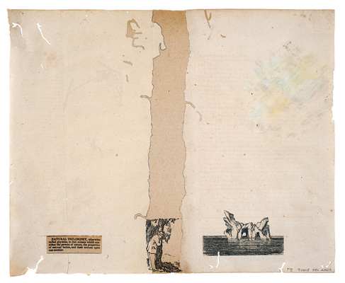 todd bartel As Is interlocking collage, pencil, watercolor, color pencil, and xerographic transfers on 20-century end-page cuttings inset into 19th-century endpapers, document repair tape