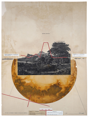 todd bartel Landscape Vernacular Interlocking collage; recto: rust transfer on joined 19th-century end pages, inserted xerographic faux engraving of Thomas Cole’s 1836, The Course of Empire—The Arcadian or Pastoral State, inserted red division lines from Bridge scoresheet, xerographic prints on 21-century end page papers of the definition of “watershed” (Webster’s 1974, New Oxford Dictionary of English 1998), pencil; verso: xerographic transfers, pencil and color pencil, artist-made frame