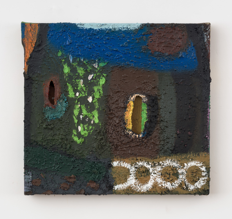 William Staples Paintings Oil, spray paint, sand, sawdust with metal leaf and acrylic on wood panel 