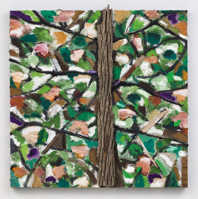 William Staples Paintings Oil, acrylic, bark, wood and rope on canvas.